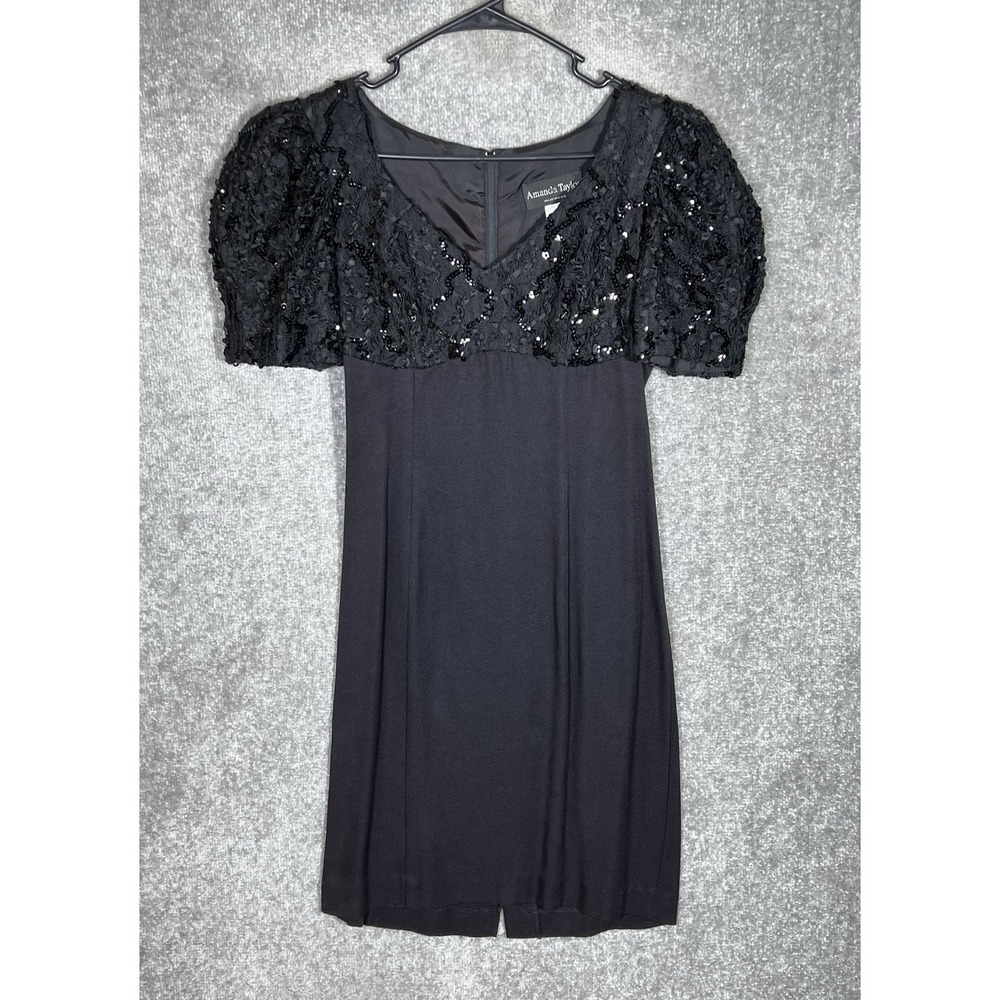 Vintage Amanda‎ Taylor Dress Womens Size 4 Black Lace Babydoll Y2K Puff Sleeve